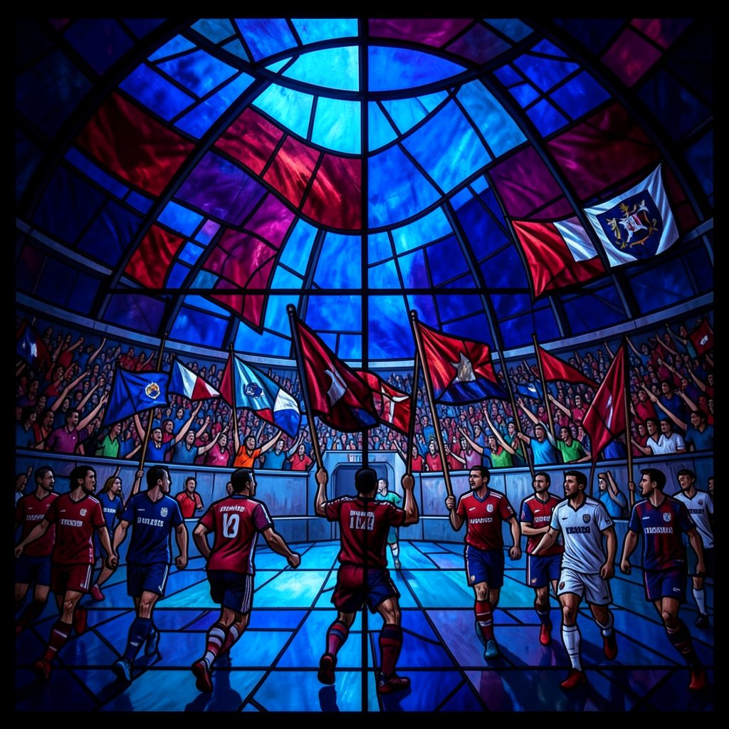 Stained-glass composition of a national team entering the arena, banners aloft, rich ruby and navy glass glowing in bold leaded sections.